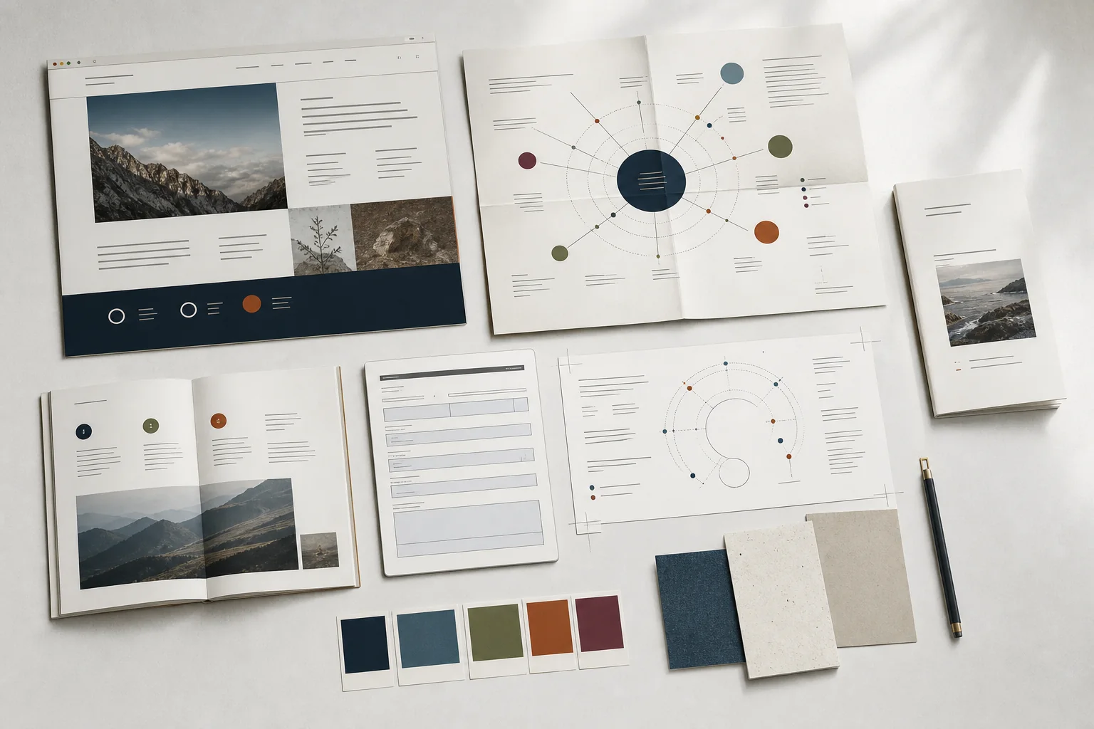Concept study showing one body of knowledge as an editorial website, diagram, field guide, workbook and digital tool.